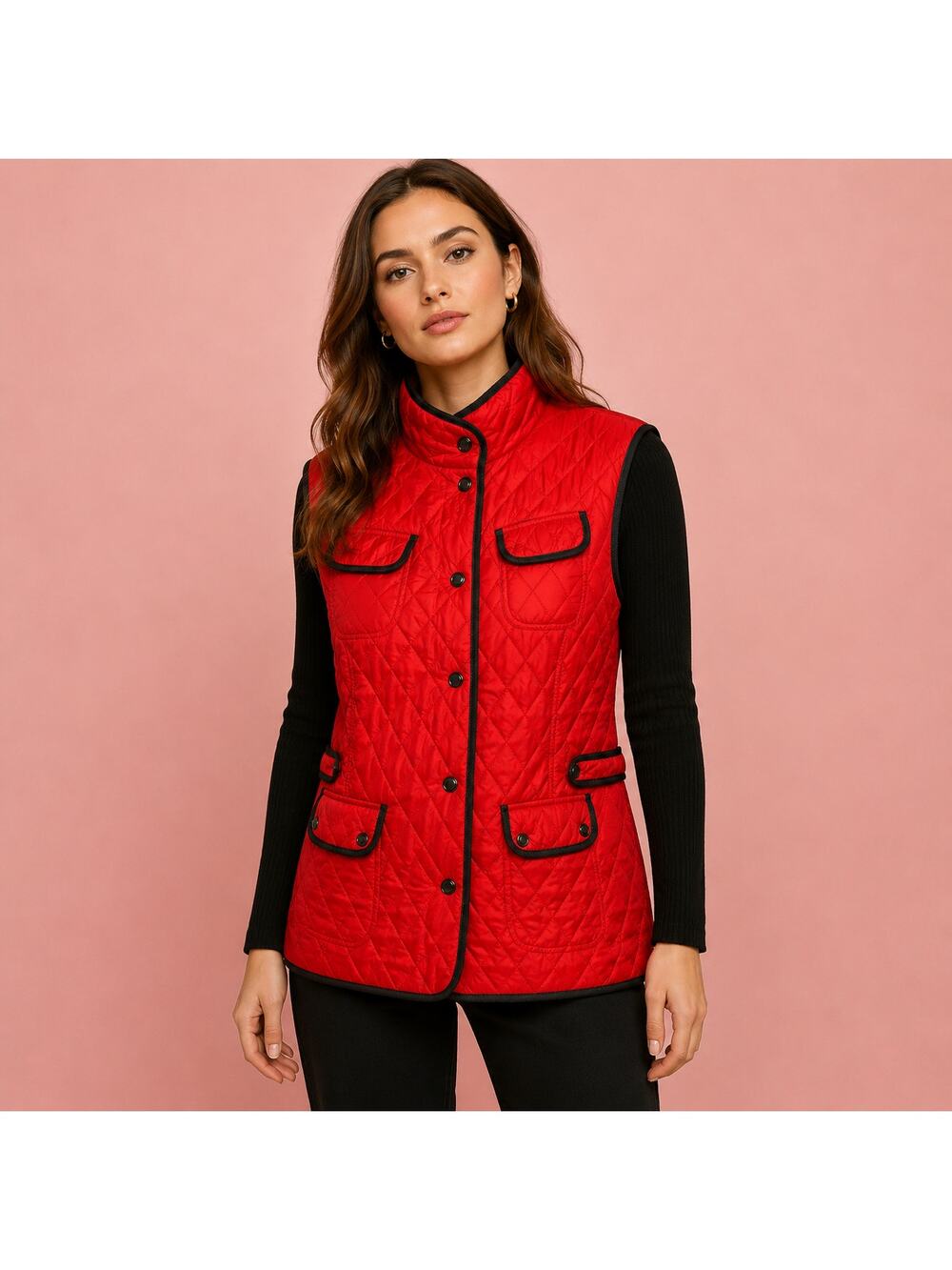 Gerry Weber Puffer Vest Women 8 Red Contrast Gray Quilted Outdoor Snap Gorpcore